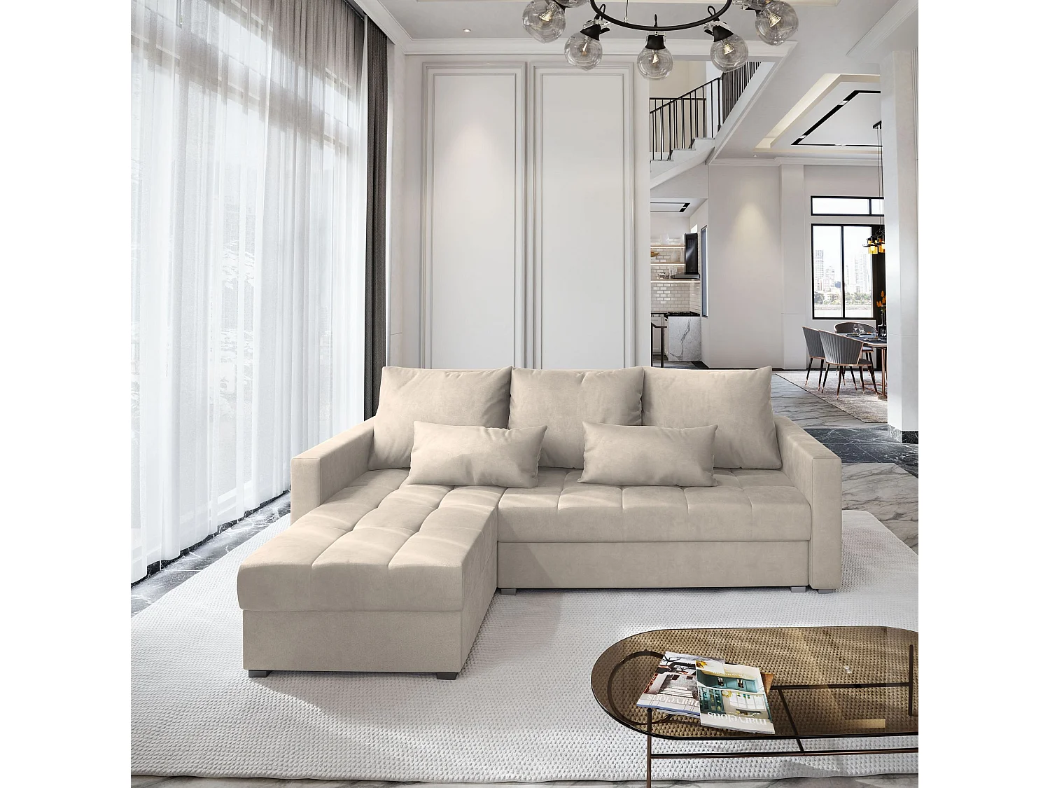 Canapé d'angle KOS Crème en velours avec fonction de couchage