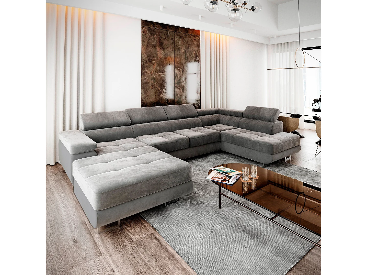 Canapé d'angle CASONE Gris en velours avec fonction de couchage