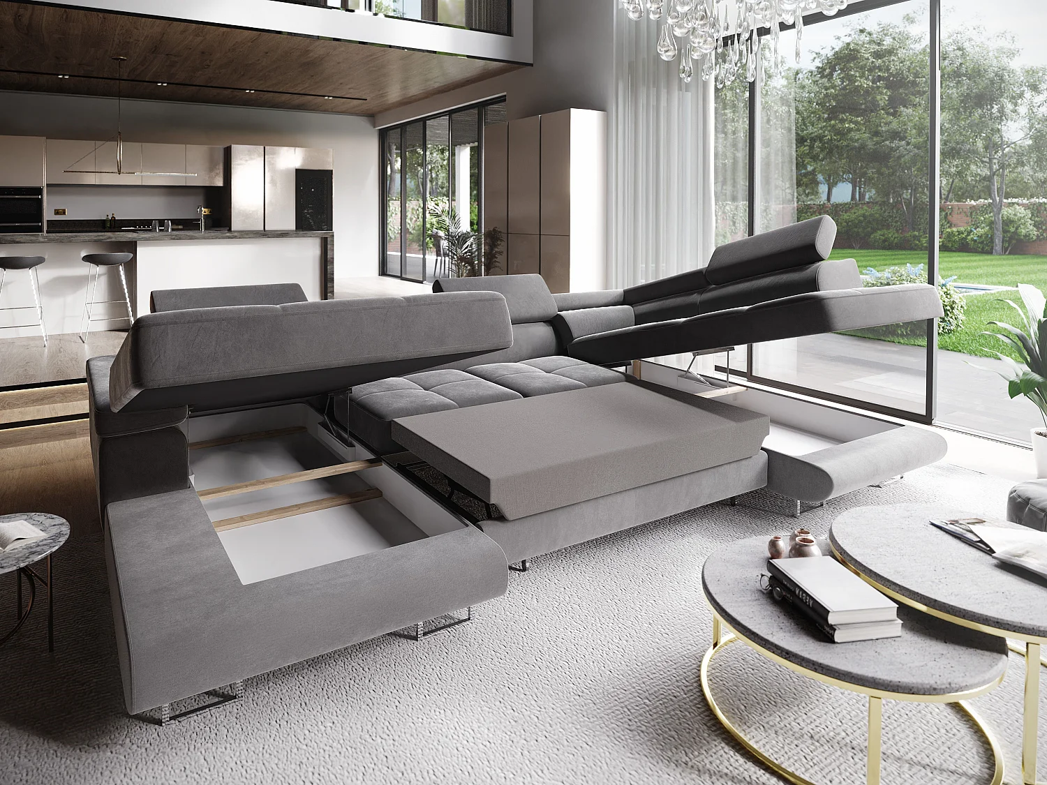 Canapé d'angle CASONE Gris en velours avec fonction de couchage