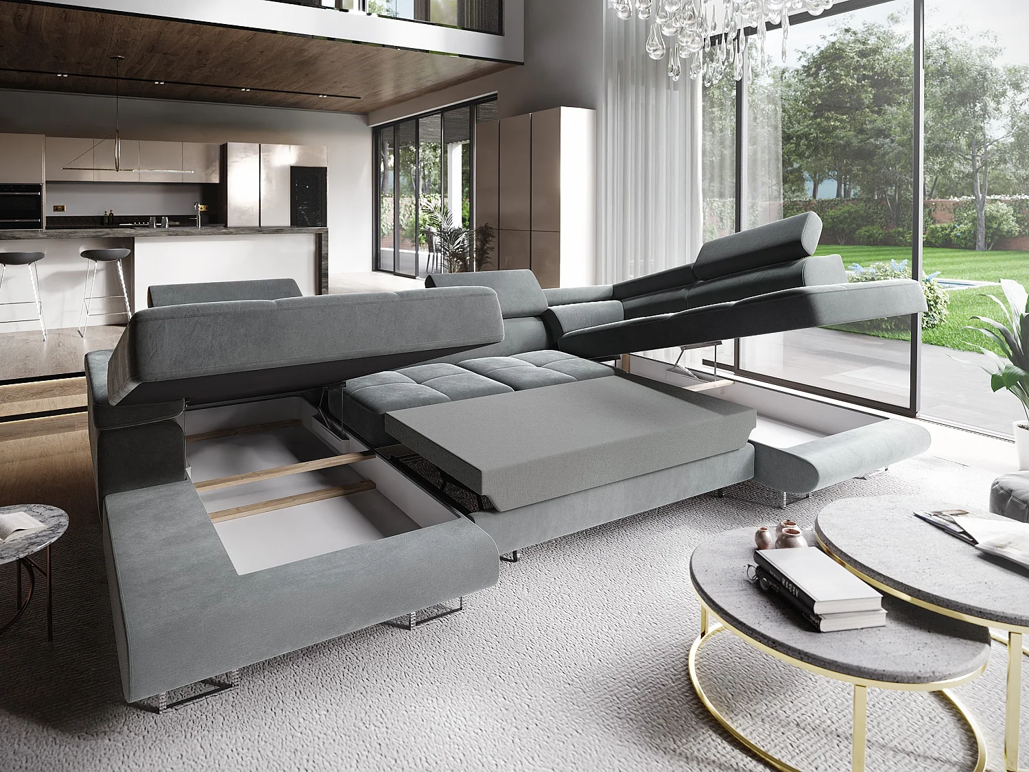 Canapé d'angle CASONE Gris en velours avec fonction de couchage