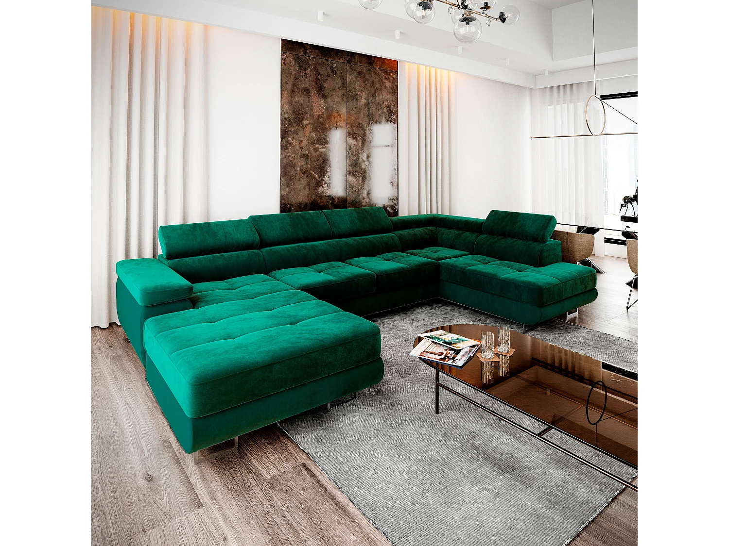 Canapé d'angle CASONE Vert Sapin en velours avec fonction de couchage