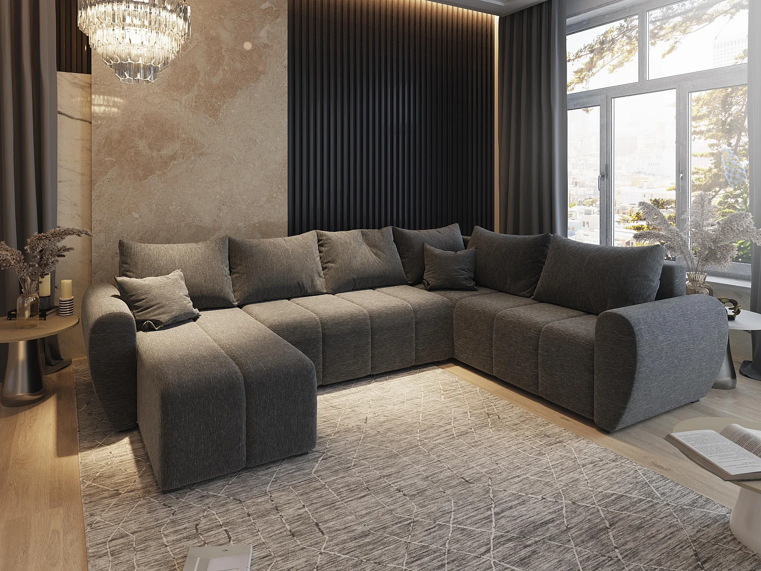 Canapé d'angle MADISON Gris en tissu texturé avec fonction de couchage