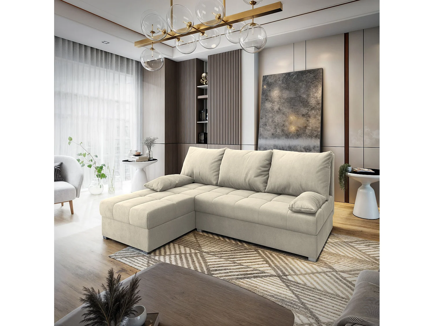 Canapé d'angle RITA Crème en velours avec fonction de couchage