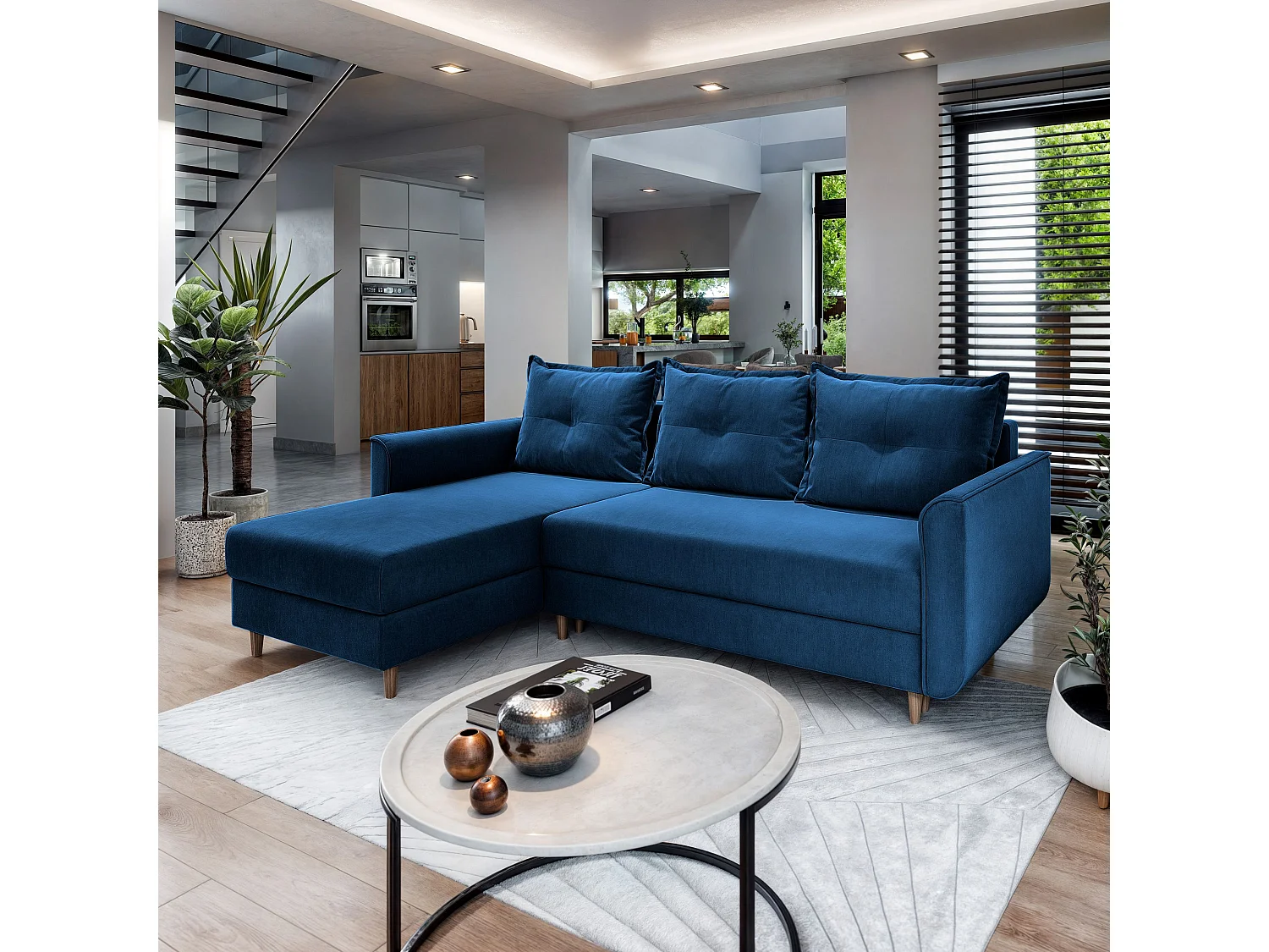 Canapé d'angle PISAN Bleu en peluche avec fonction de couchage