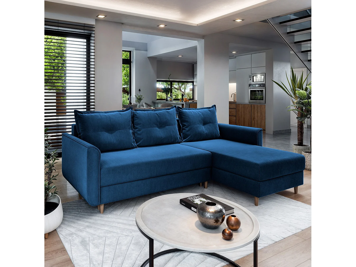 Canapé d'angle PISAN Bleu en peluche avec fonction de couchage