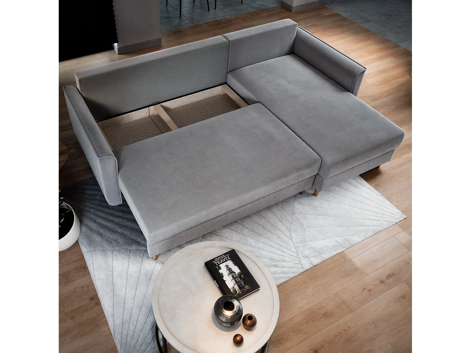 Canapé d'angle PISAN Bleu en peluche avec fonction de couchage