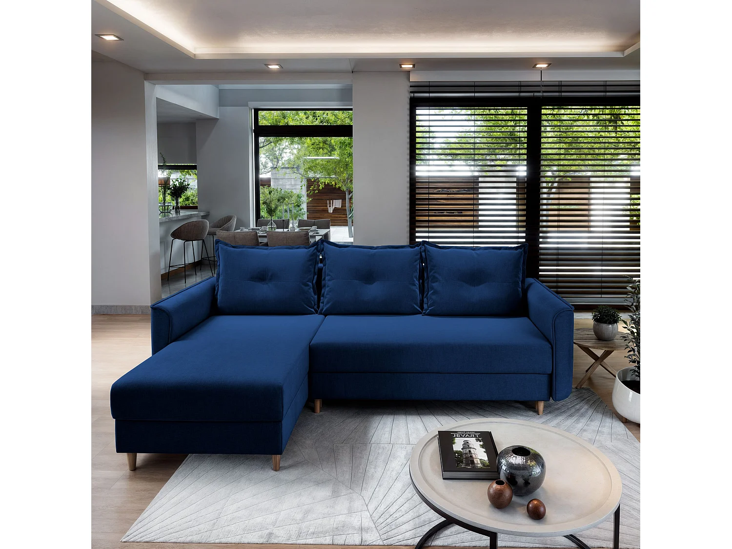 Canapé d'angle PISAN Bleu en peluche avec fonction de couchage