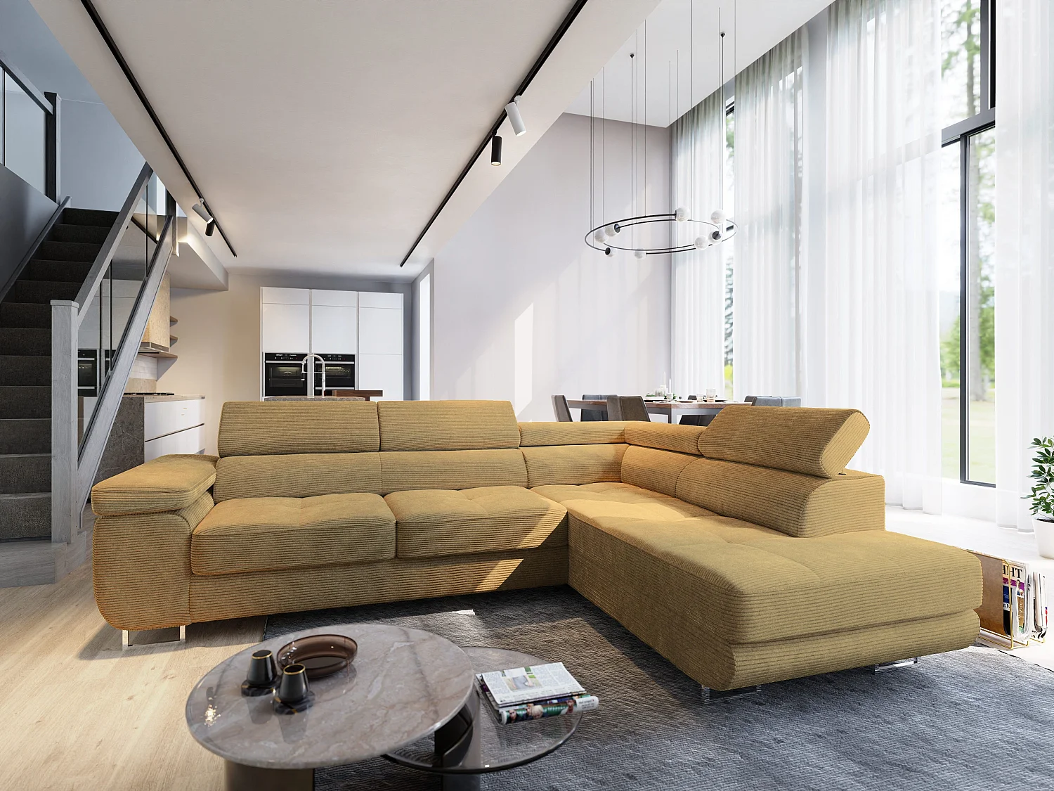 Canapé d'angle APIRO Jaune en velours côtelé avec fonction de couchage