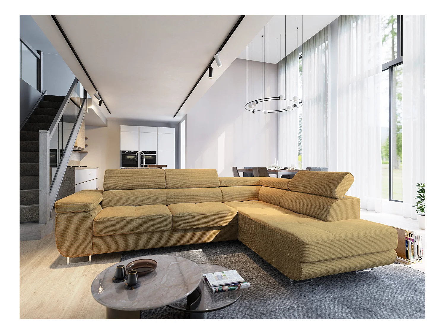 Canapé d'angle APIRO Jaune en velours côtelé avec fonction de couchage