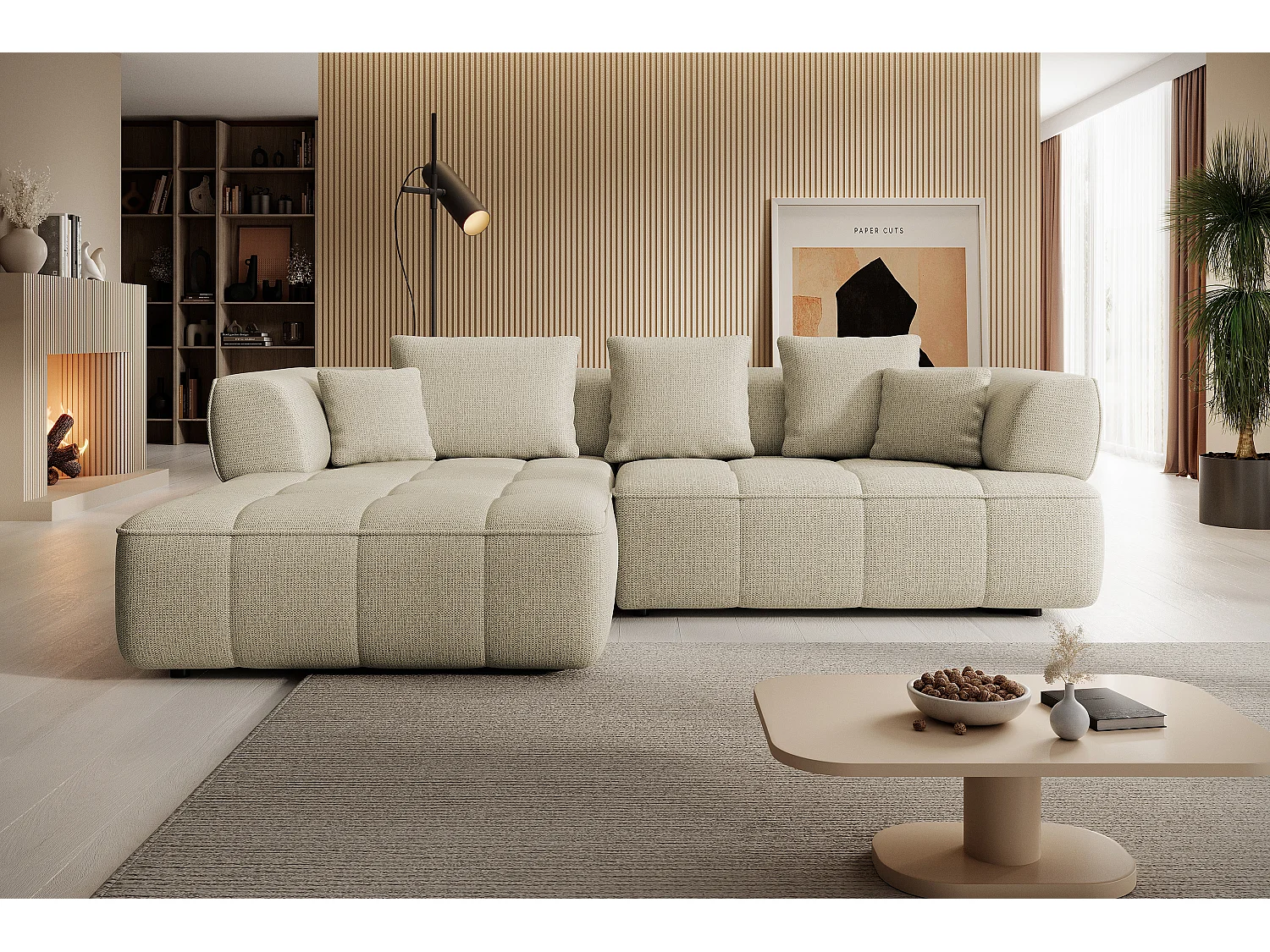 AULA, Avangarde Sofa narożna 182x285cm Elektryczna regulacja głębokości | Prawa | Jasnobeżowa