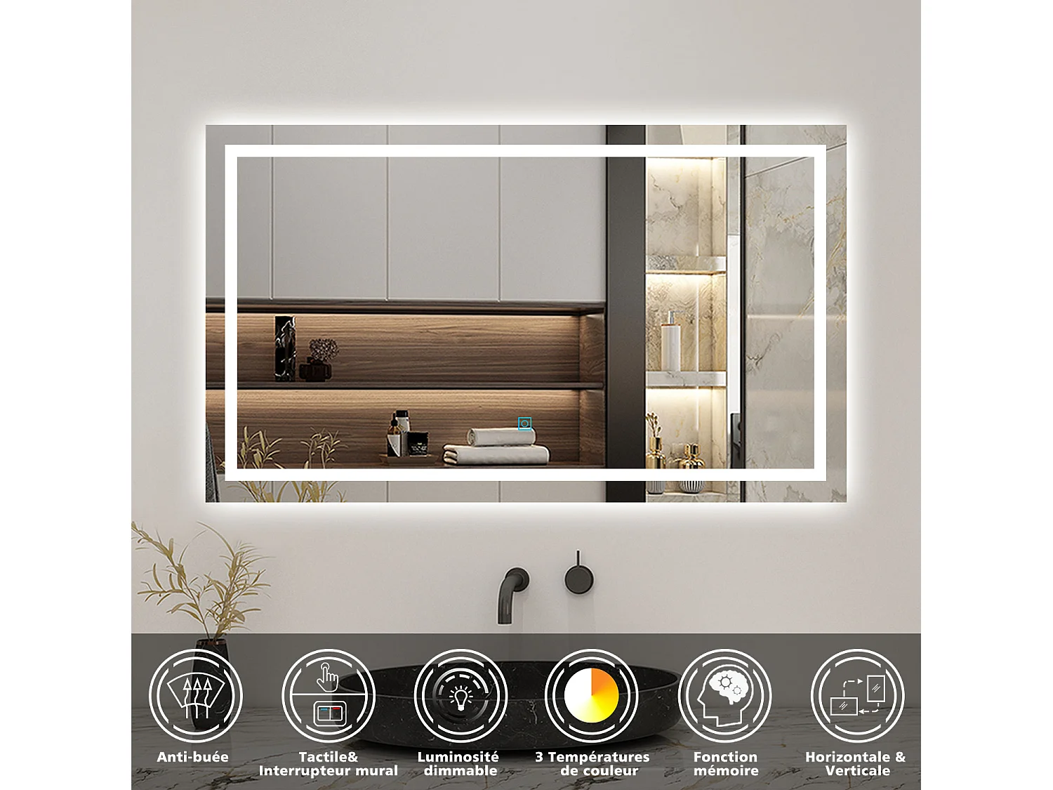 AICA Ensemble meubles salle de bains chêne 120cm,lavabo+Miroir Lumineux antibuée,3 couleurs dimmable+mémoire