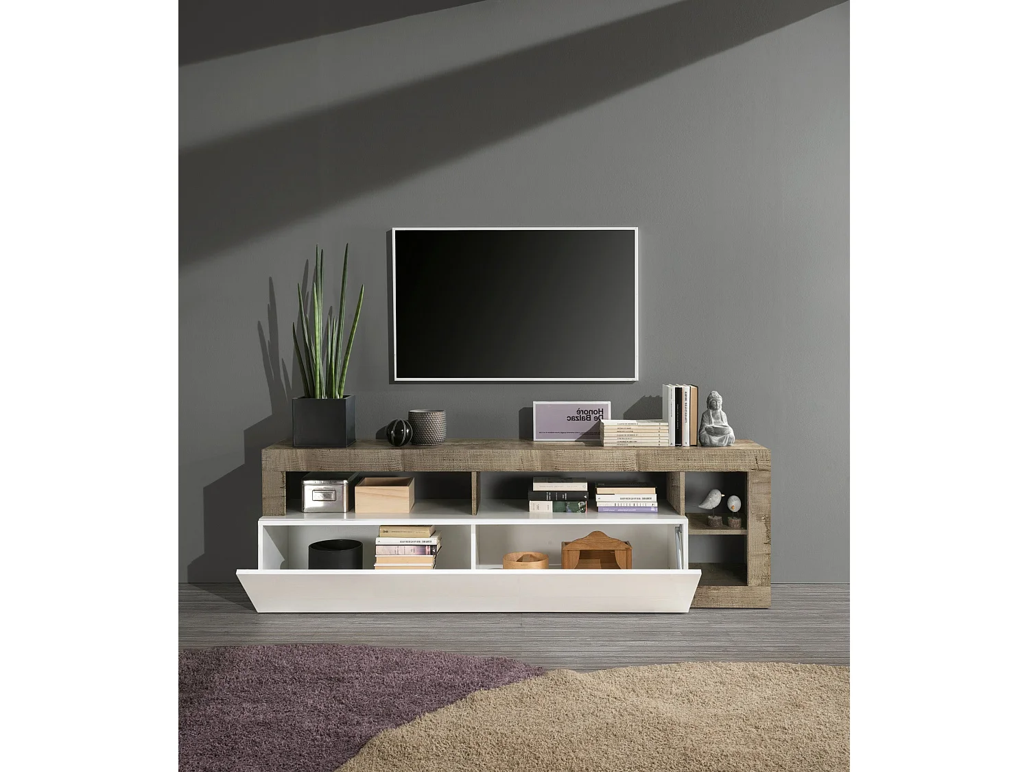 Meuble TV AMOS blanc/poirier