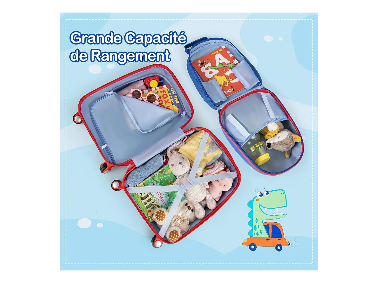 Lot de 2 Valise Cabine Enfant 18”+ Sac à Dos 12,5”, Poignée Rétractable 88-100cm