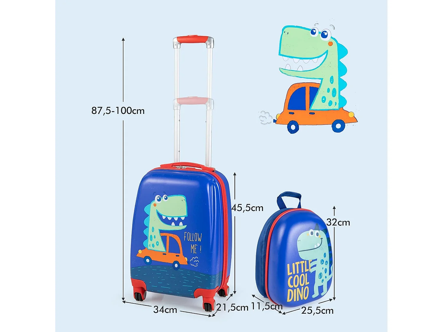 Lot de 2 Valise Cabine Enfant 18”+ Sac à Dos 12,5”, Poignée Rétractable 88-100cm