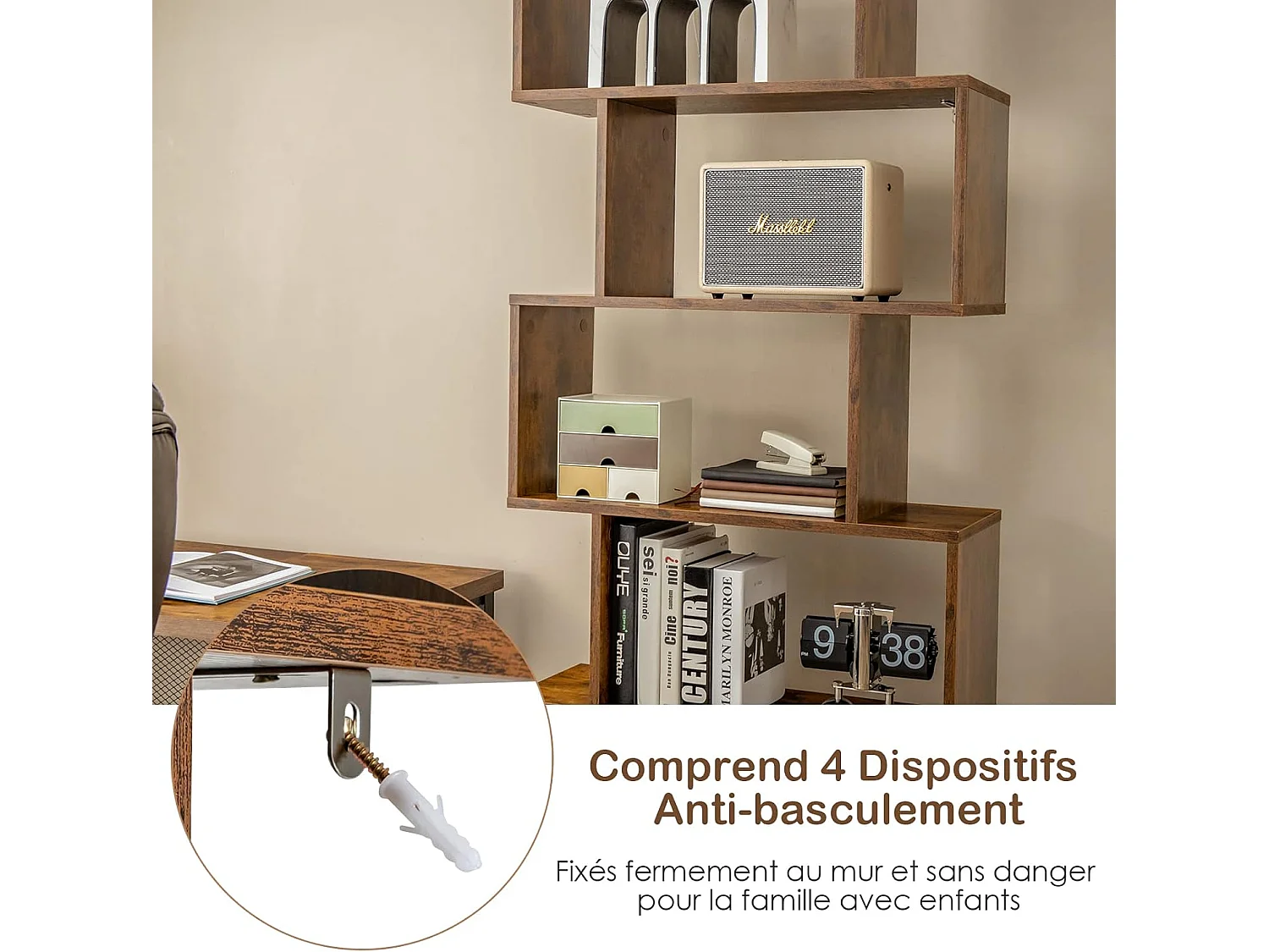 Bibliothèque Industriel avec 5 Etagères en Forme de S, Étagère de Rangement avec Compartiments 2 Portes pour Salon, Bureau, Chambre, 70 x 23 x 183 cm, Marron