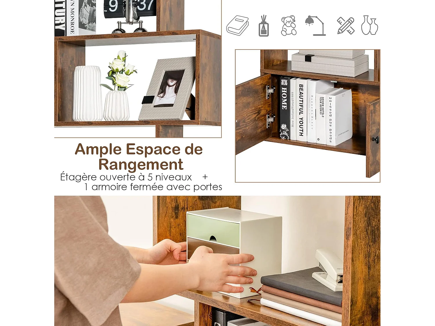 Bibliothèque Industriel avec 5 Etagères en Forme de S, Étagère de Rangement avec Compartiments 2 Portes pour Salon, Bureau, Chambre, 70 x 23 x 183 cm, Marron