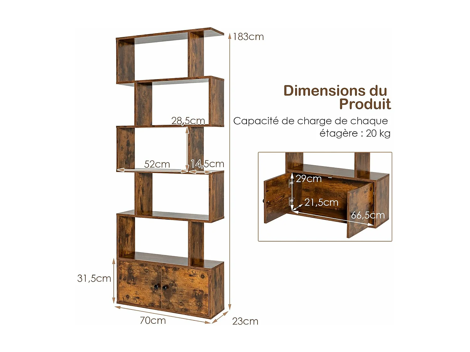 Bibliothèque Industriel avec 5 Etagères en Forme de S, Étagère de Rangement avec Compartiments 2 Portes pour Salon, Bureau, Chambre, 70 x 23 x 183 cm, Marron