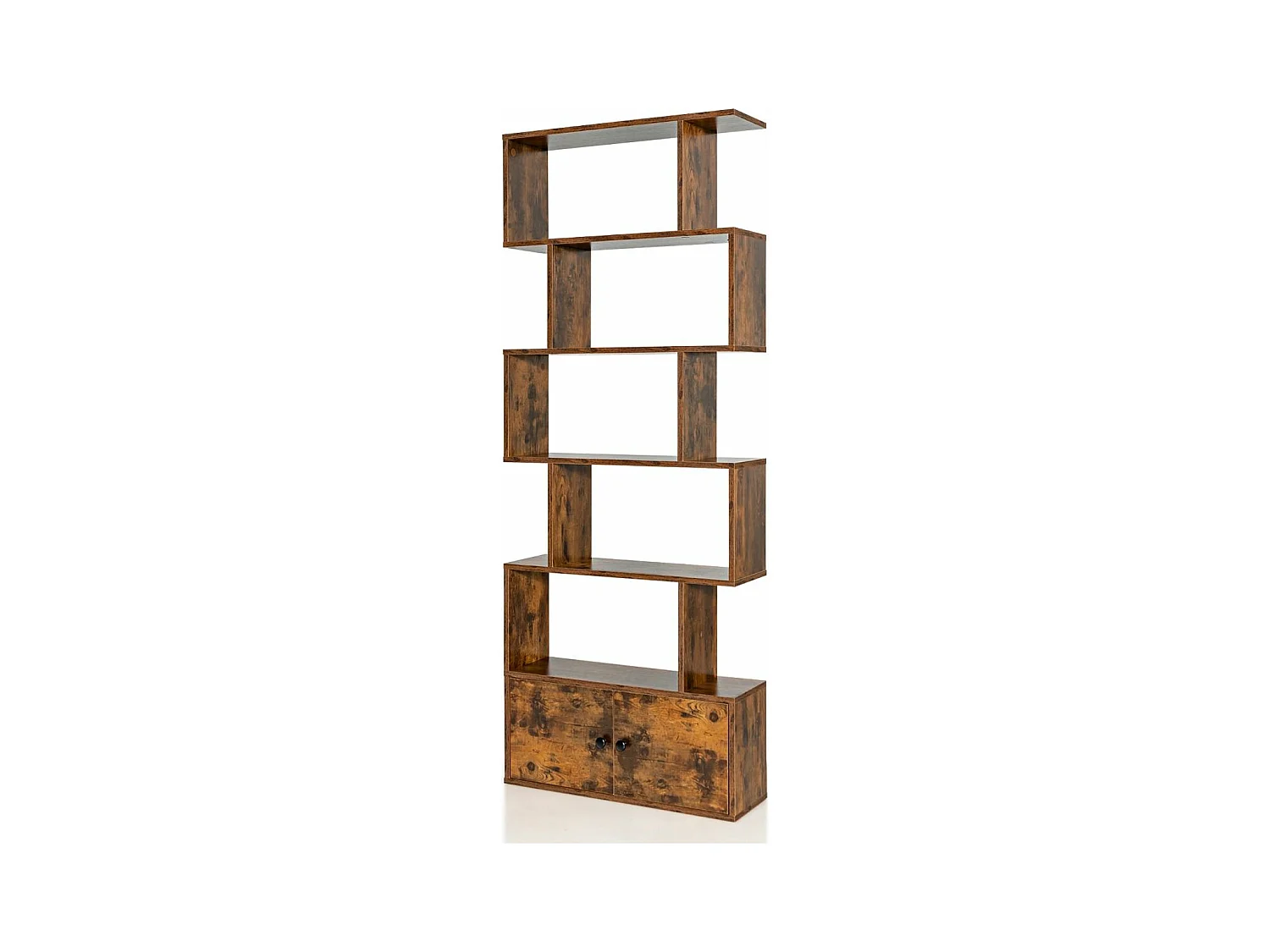 Bibliothèque Industriel avec 5 Etagères en Forme de S, Étagère de Rangement avec Compartiments 2 Portes pour Salon, Bureau, Chambre, 70 x 23 x 183 cm, Marron