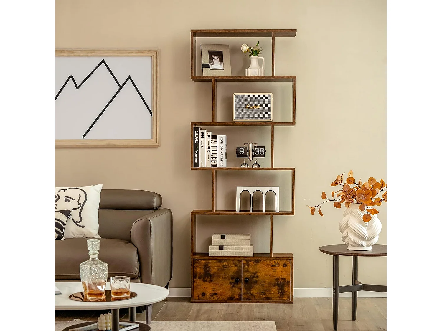 Bibliothèque Industriel avec 5 Etagères en Forme de S, Étagère de Rangement avec Compartiments 2 Portes pour Salon, Bureau, Chambre, 70 x 23 x 183 cm, Marron