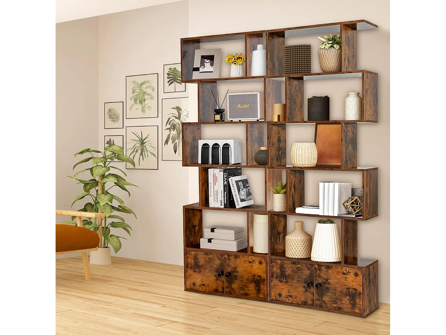 Bibliothèque Industriel avec 5 Etagères en Forme de S, Étagère de Rangement avec Compartiments 2 Portes pour Salon, Bureau, Chambre, 70 x 23 x 183 cm, Marron