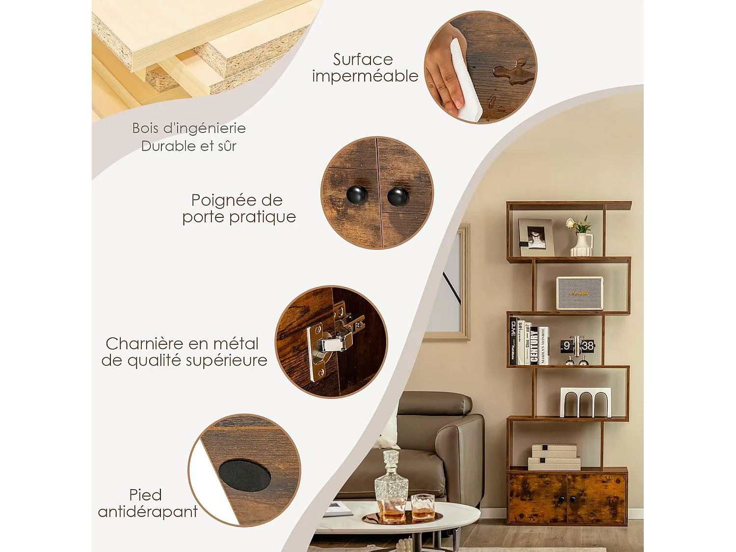 Bibliothèque Industriel avec 5 Etagères en Forme de S, Étagère de Rangement avec Compartiments 2 Portes pour Salon, Bureau, Chambre, 70 x 23 x 183 cm, Marron