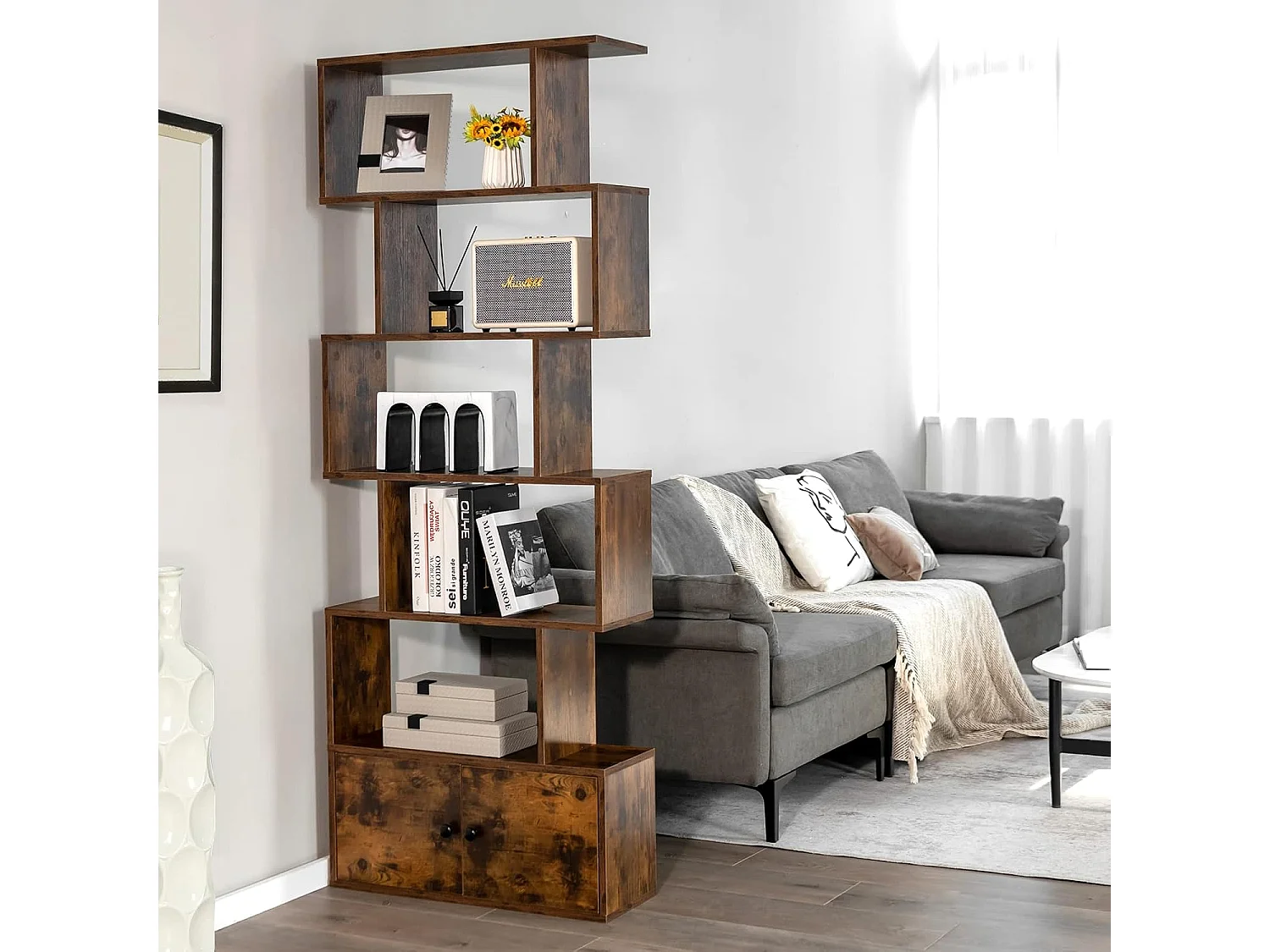 Bibliothèque Industriel avec 5 Etagères en Forme de S, Étagère de Rangement avec Compartiments 2 Portes pour Salon, Bureau, Chambre, 70 x 23 x 183 cm, Marron