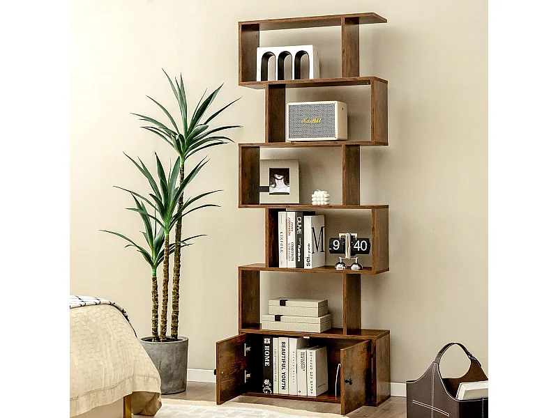 Industriële boekenkast met 5 S-vormige planken, opbergplank met compartimenten 2 deuren voor woonkamer, kantoor, slaapkamer, 70 x 23 x 183 cm, bruin