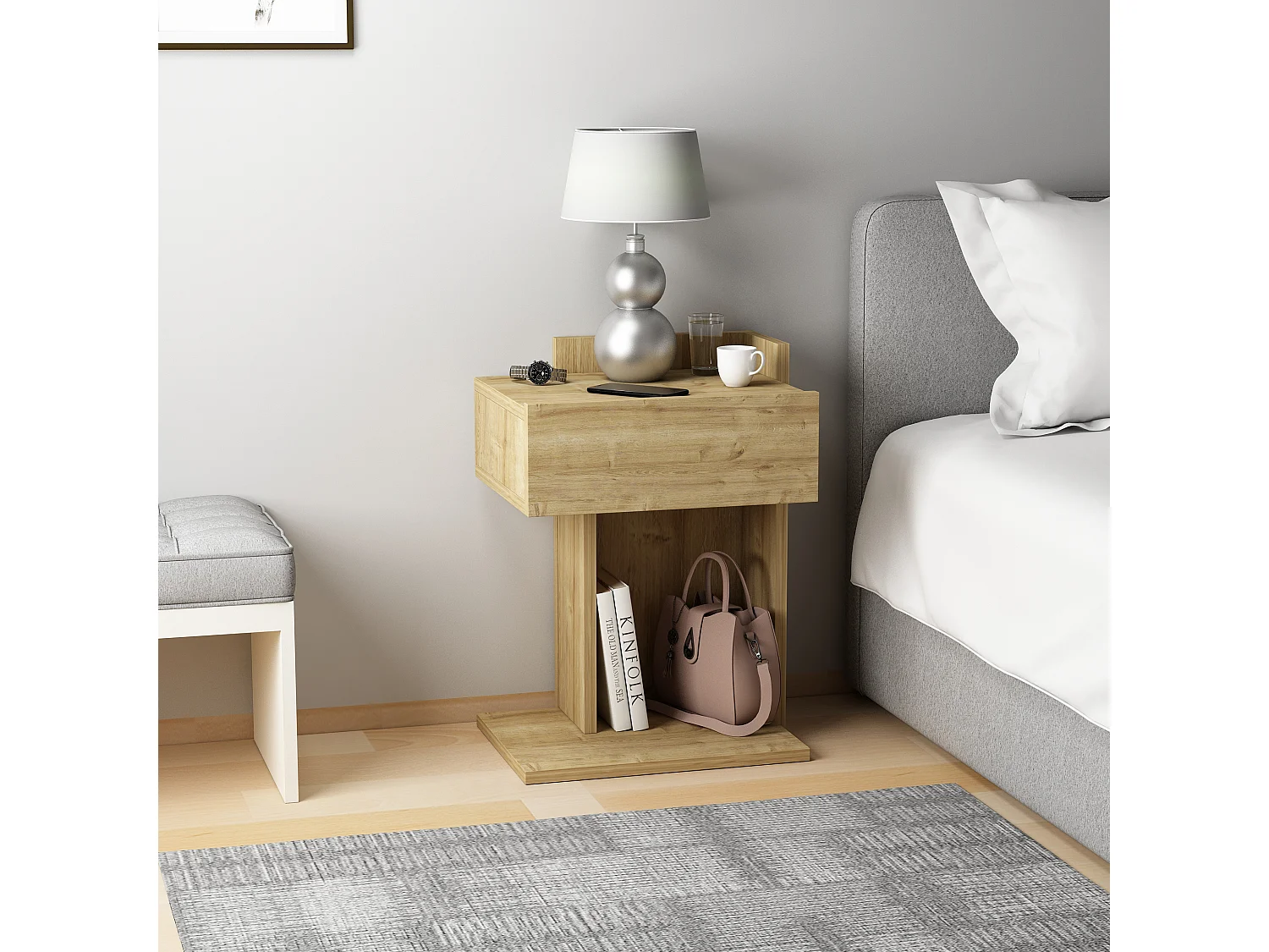 Comodino HERAKLES - colore naturale chiaro, 55x33,2x41,4