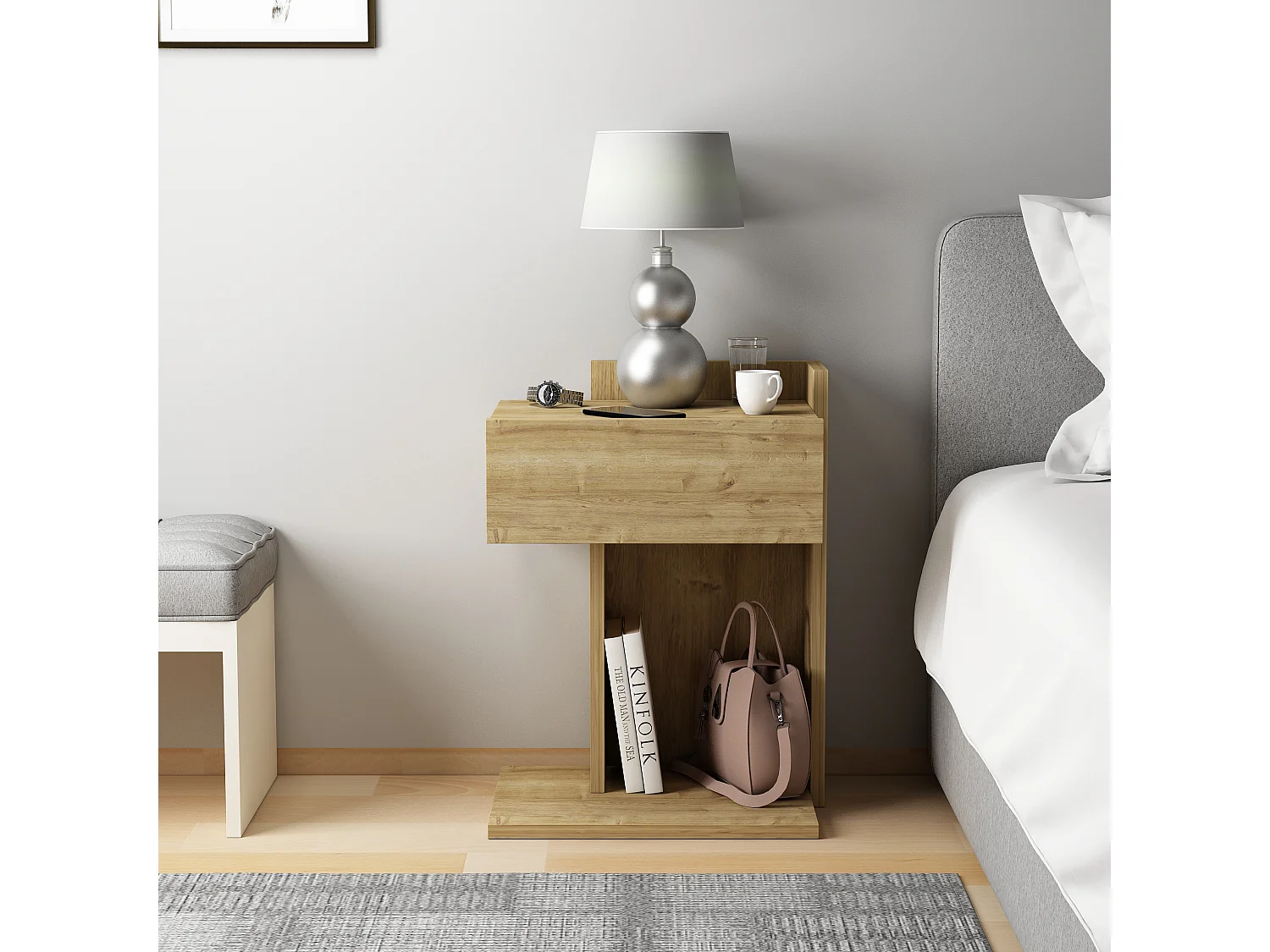 Comodino HERAKLES - colore naturale chiaro, 55x33,2x41,4