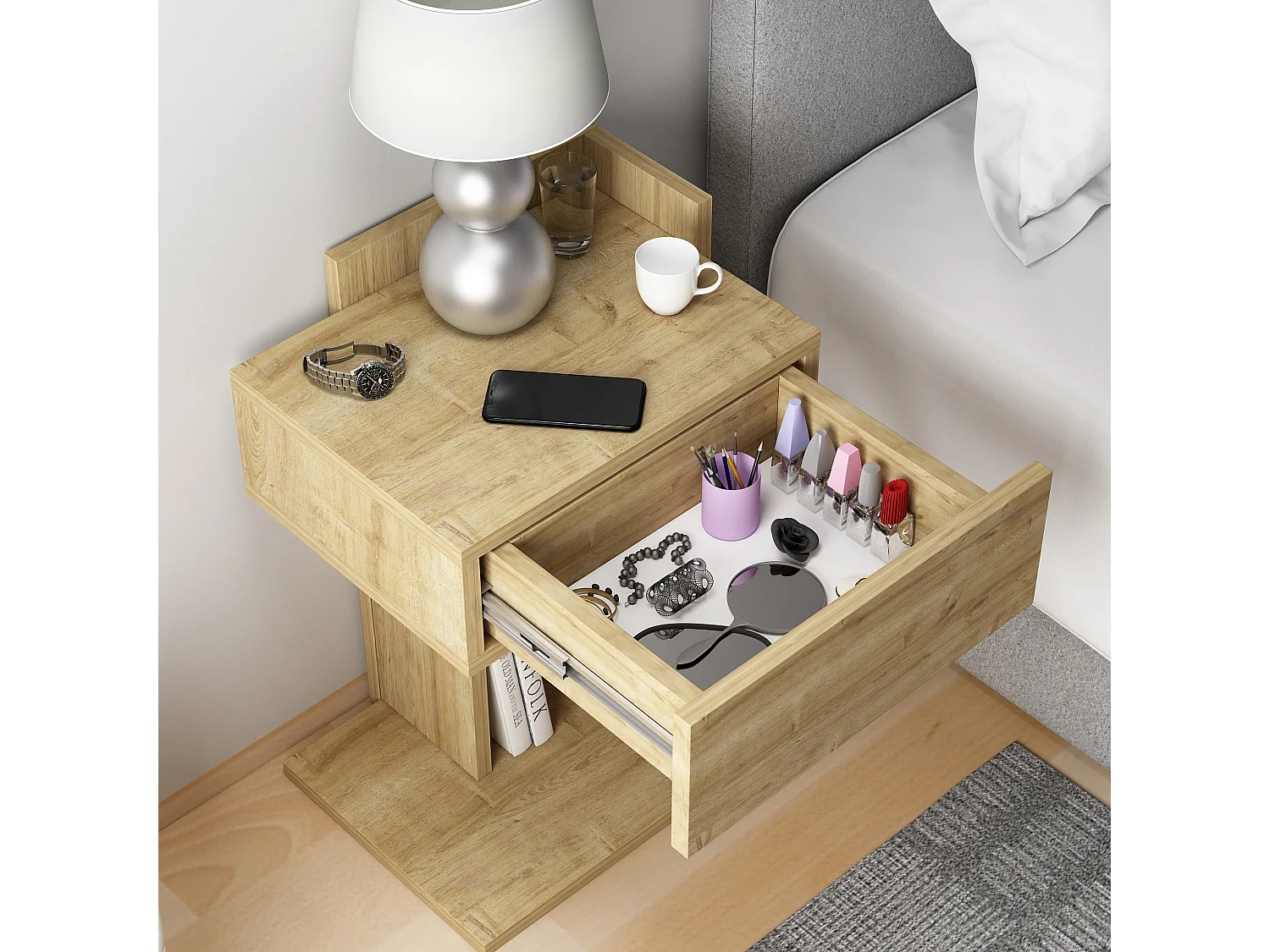 Comodino HERAKLES - colore naturale chiaro, 55x33,2x41,4