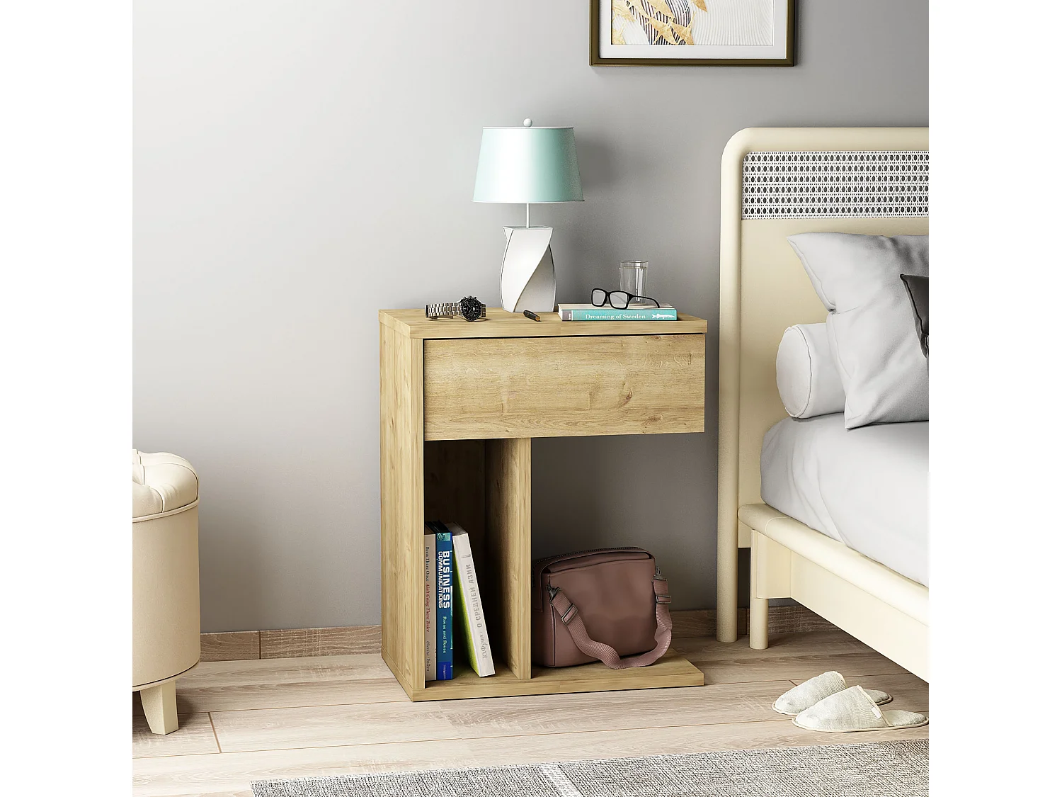 Nachttisch TYCHE  - Naturfarben hell, 55x29,4x44,4