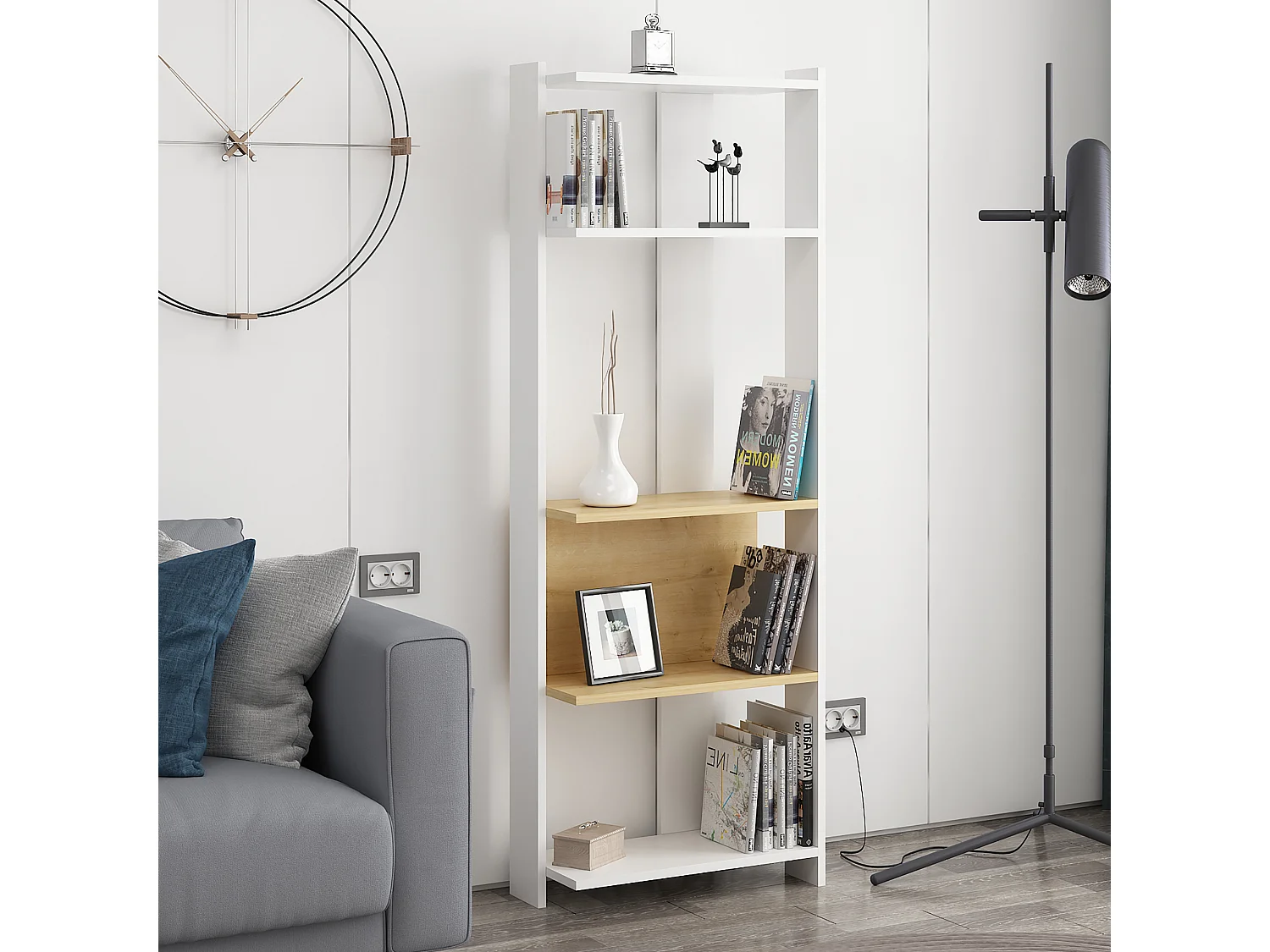 Boekenkast ABIS- wit/eiken, 58,6x165x26,8