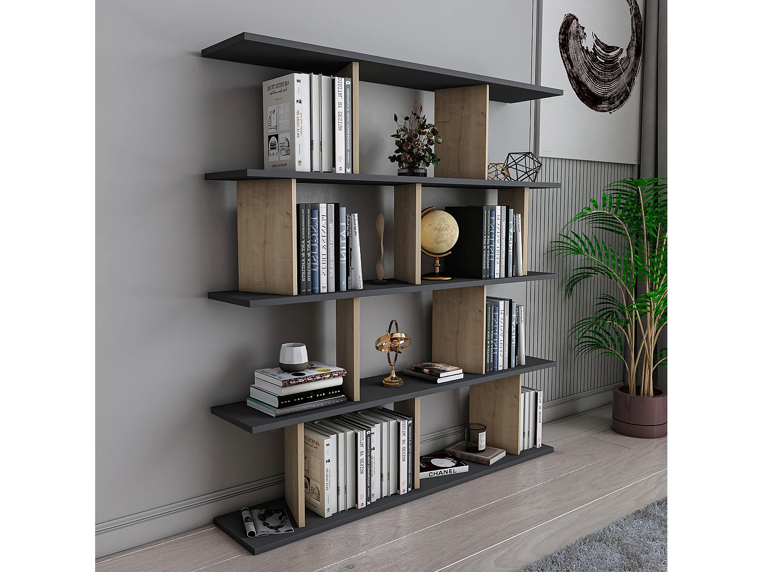 Bookcase JORIN-  Anthrazit -  Eiche , 130x137x25