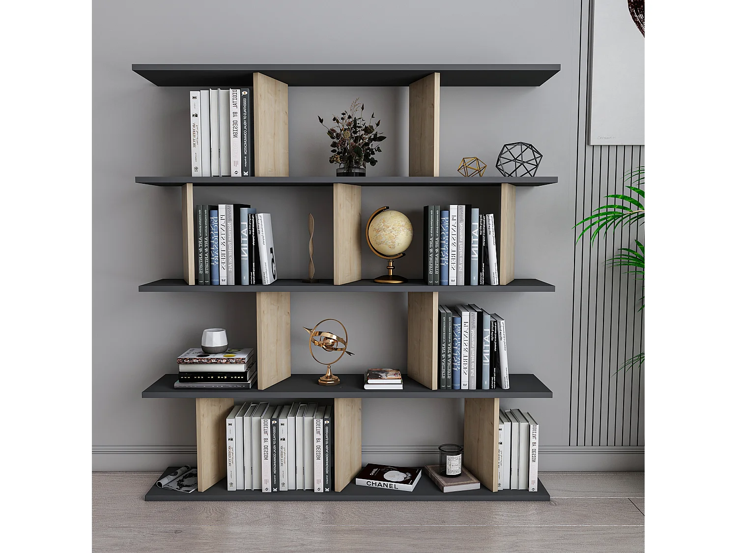 Boekenkast JORIN - antraciet - eiken, 130x137x25