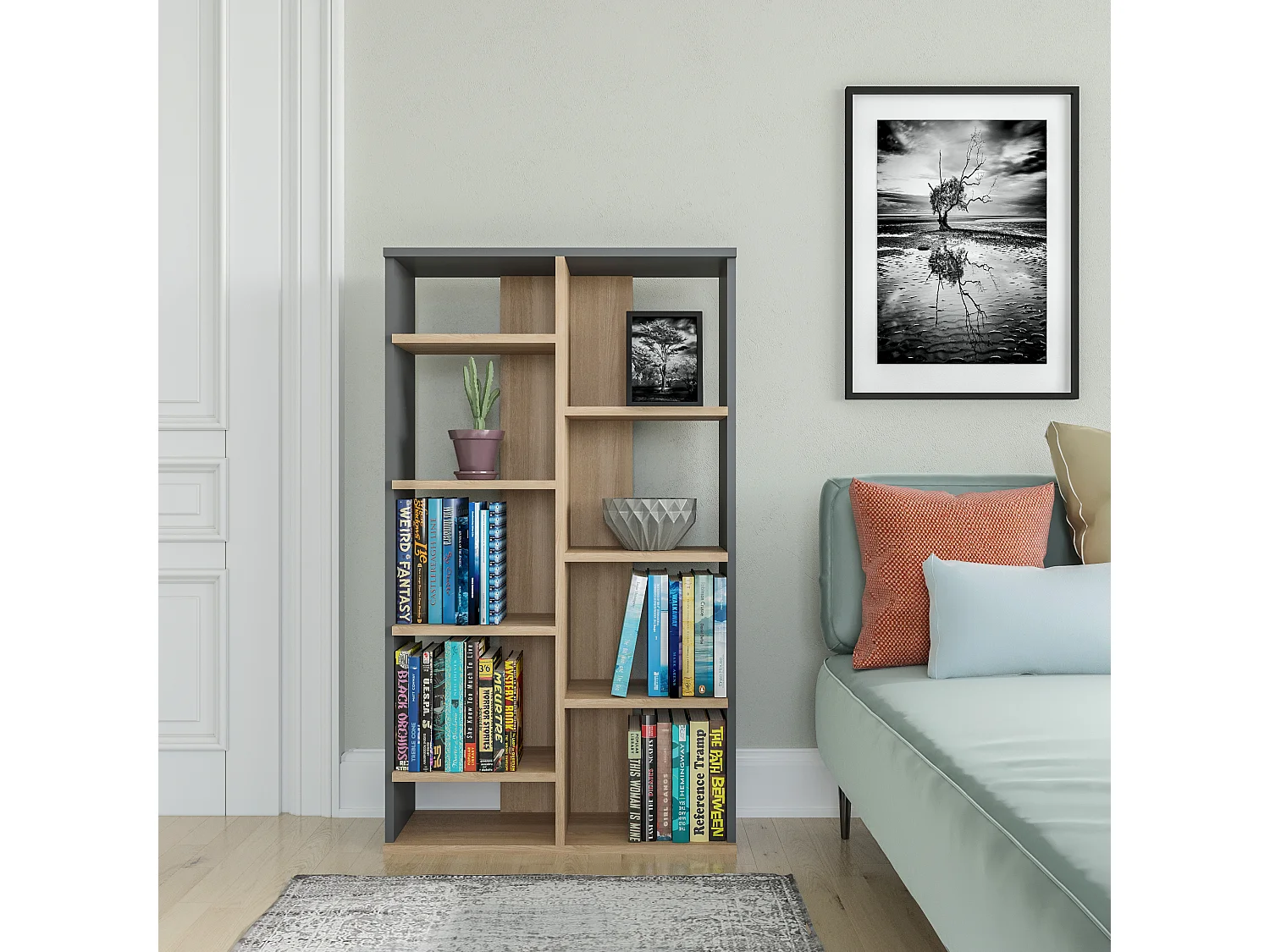 Bookcase KEOTA-  Eiche -  Anthrazit, 72x123,6x25