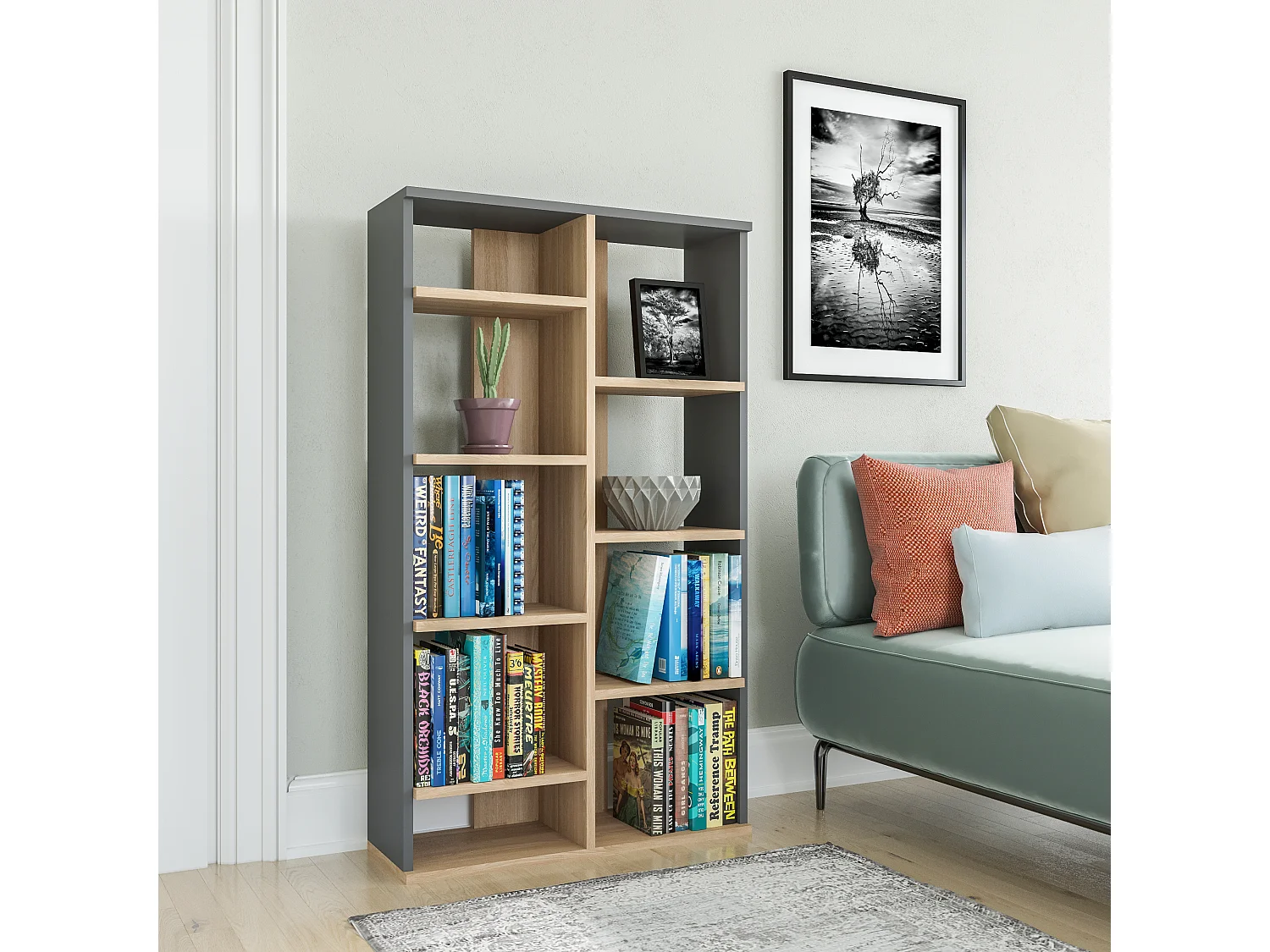 Boekenkast KEOTA - eiken - antraciet, 72x123,6x25