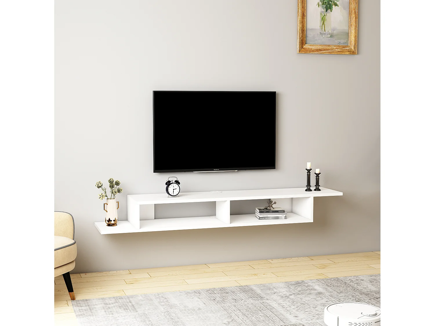 Półka ścienna pod telewizor ARTEMİS-Biała, 149x16x29