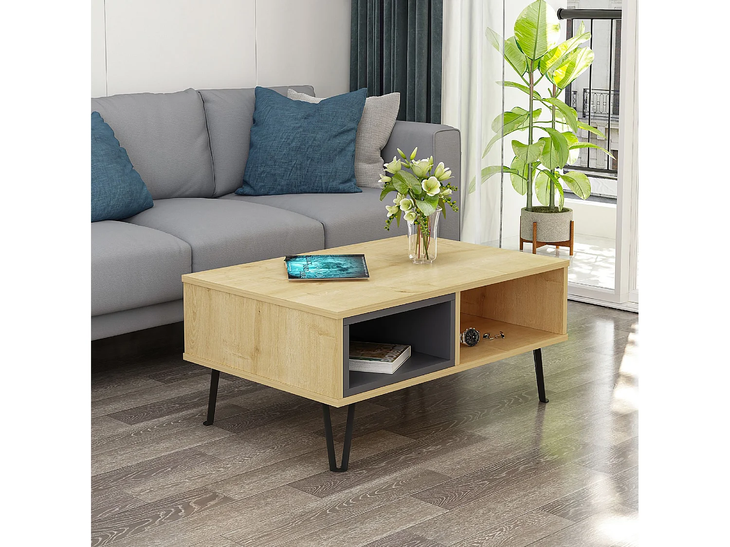 Tavolino MENDOZ- rovere / antracite, 90x41x60