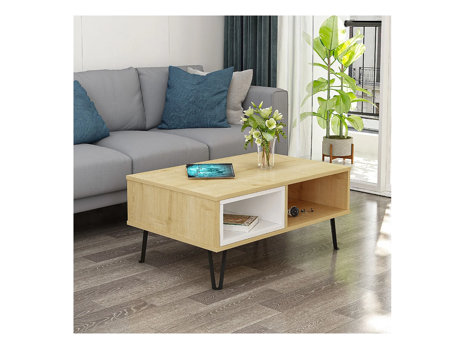 Table basse MENDOZ- chêne / blanc, 90x41x60