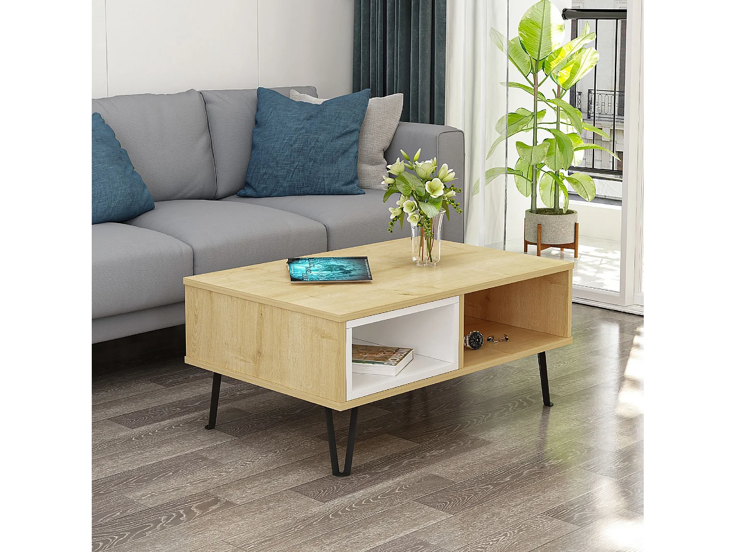 Couchtisch MENDOZ- Eiche / Weiß, 90x41x60