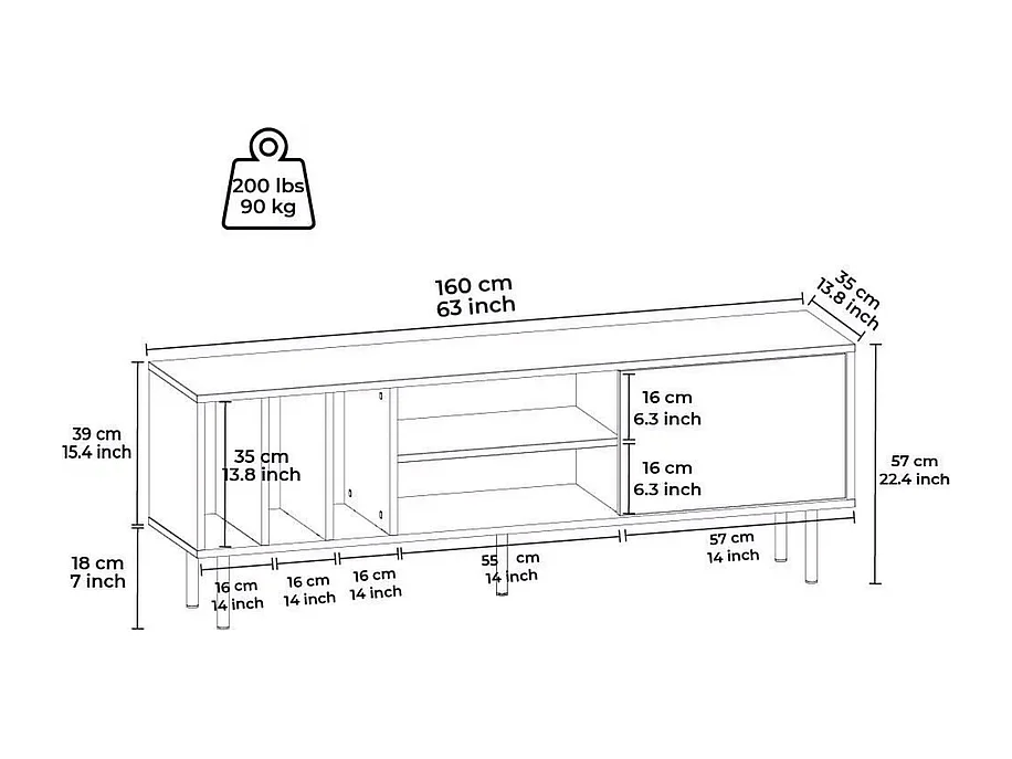 TV-meubel HERA- wit/eik, 57x160x35