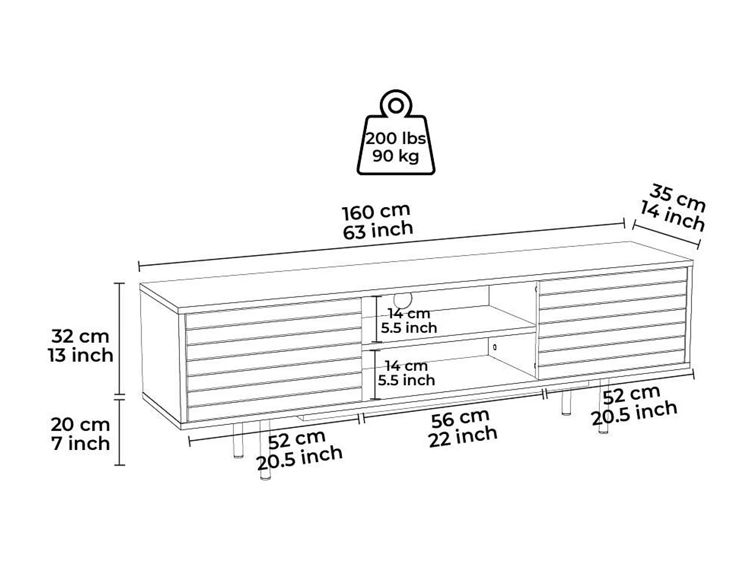 Tv-Schrank APOLLO- Schwarz / Walnuss, 50,5x160x35
