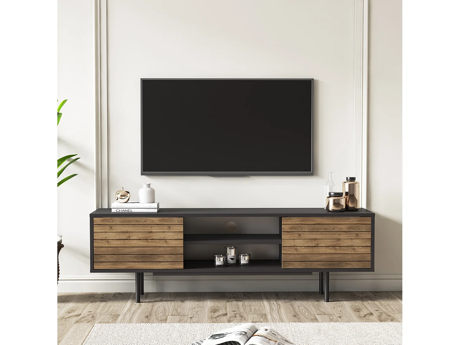 Meuble TV APOLLO- noir / noyer, 50,5x160x35