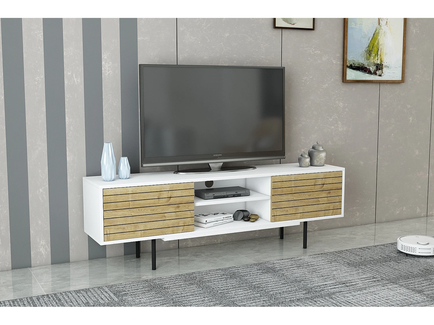 Mobile TV APOLLO- bianco / rovere, 50,5x160x35,5 cm