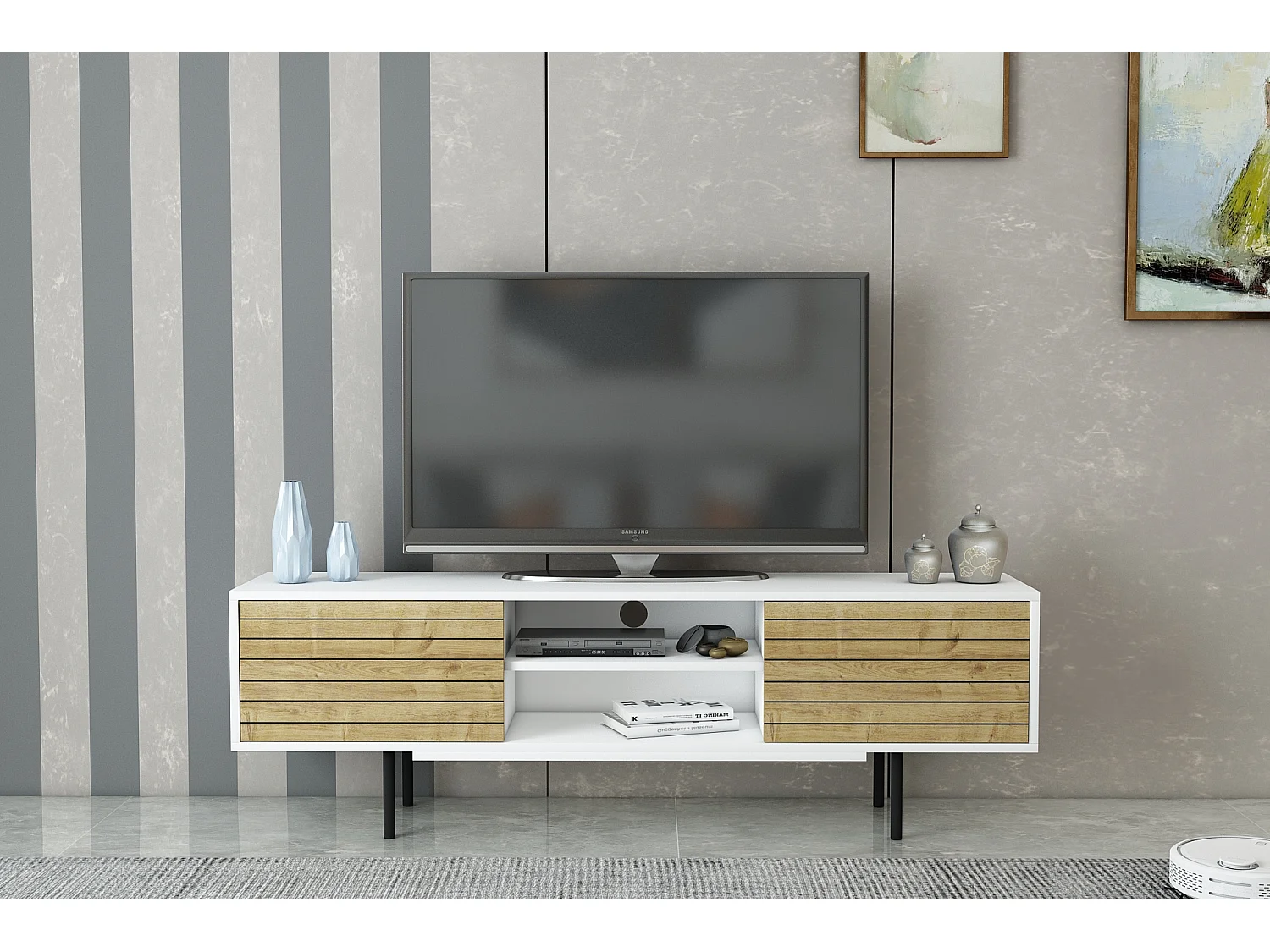 Mobile TV APOLLO- bianco / rovere, 50,5x160x35,5 cm