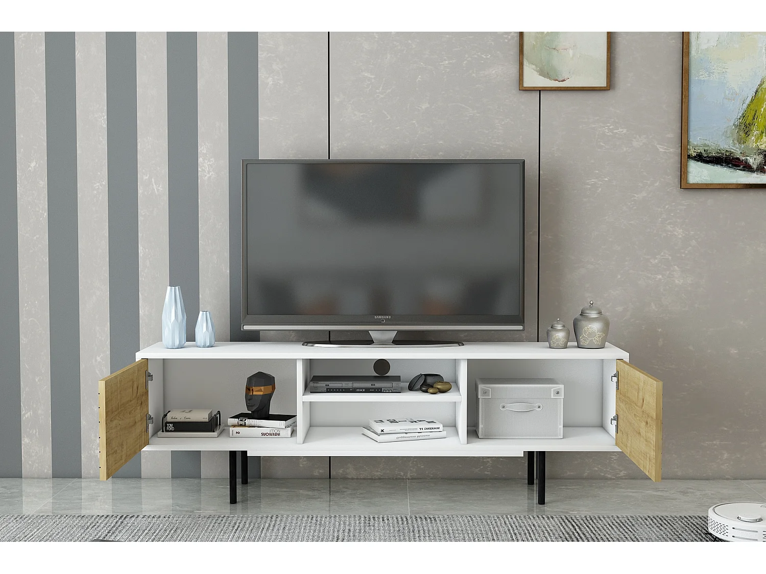 Mobile TV APOLLO- bianco / rovere, 50,5x160x35,5 cm