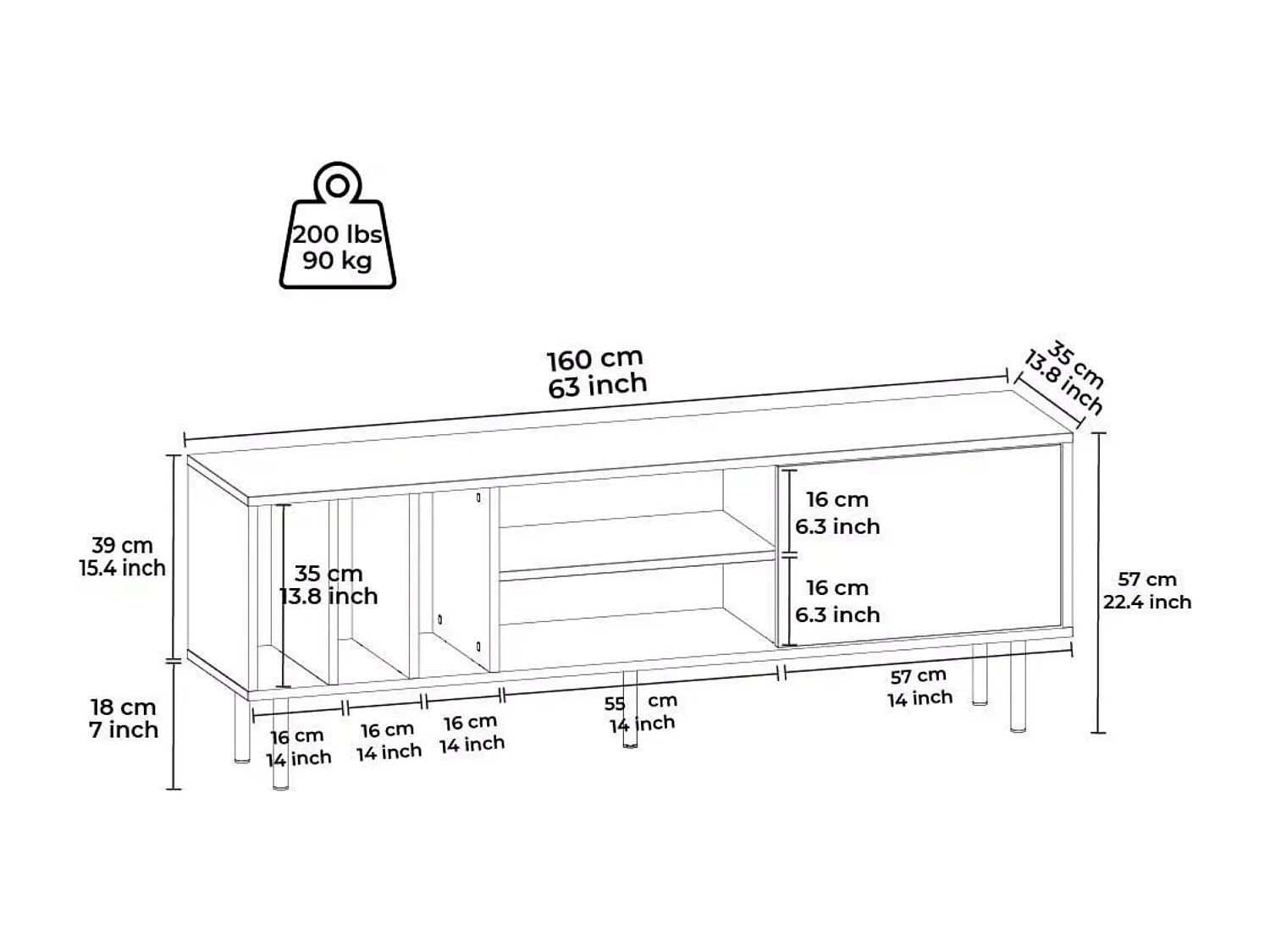 Tv-Schrank HERA- Schwarz / Walnuss, 57x160x35