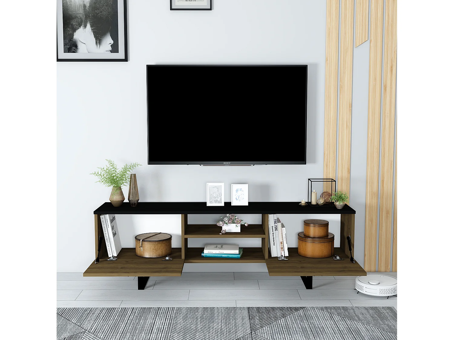 Tv-Schrank ZEUS- Schwarz / Walnuss, 50x160x35