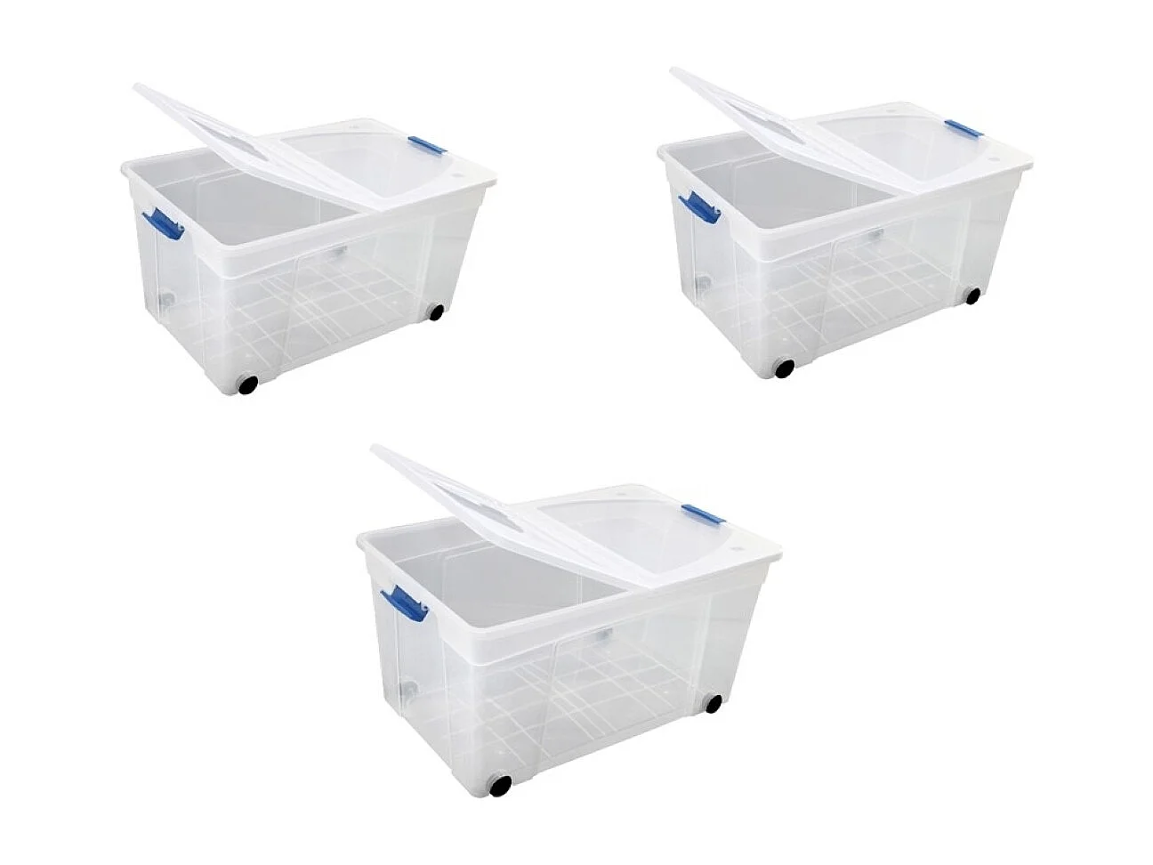 Lot de 3 Boîtes de Rangement Transparentes de 60L avec Roues et Couvercles à Clip pour un Rangement Efficace