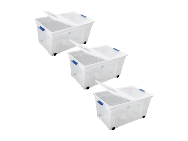 Lot de 3 Boîtes de Rangement Transparentes de 60L avec Roues et Couvercles à Clip pour un Rangement Efficace